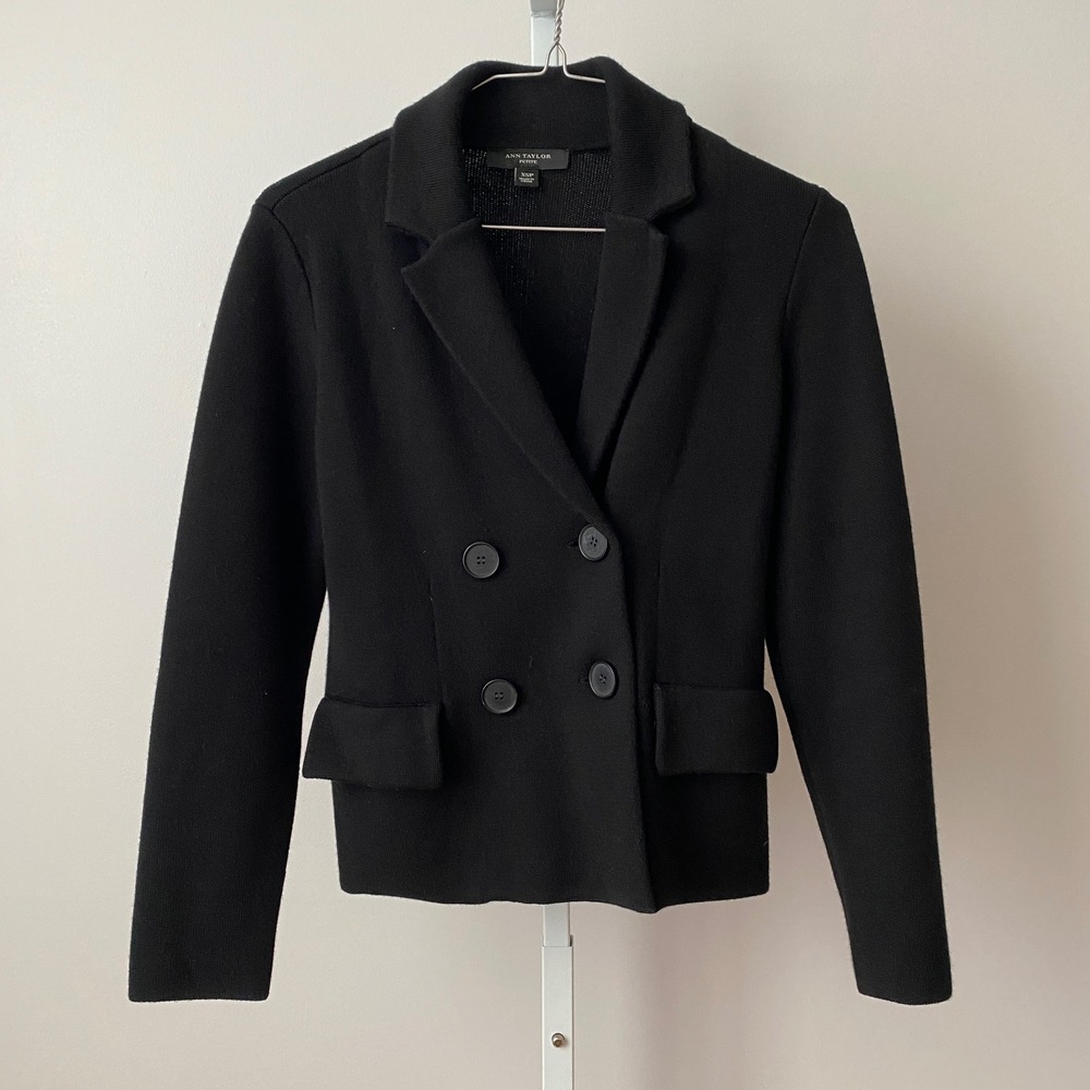 Ann Taylor sz XS Petite Black Double Breasted Knit Blazer Jacket Mob Wife Career